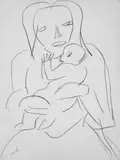 A. R. Penck, Ohne Titel. Ohne Titel (Mutter mit Kind), 2 Arbeiten: jeweils Bleistift auf bräunlichem Skizzenpapier mit perforiertem oberen Rand je