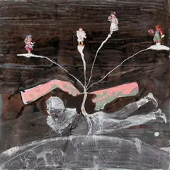 Cornelia Schleime, Ohne Titel, Lack, Gouache, Deckweiß mit Glanzbildern collagiert über Siebruck auf Karton