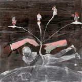 Cornelia Schleime, Ohne Titel, Lack, Gouache, Deckweiß mit Glanzbildern collagiert über Siebruck auf Karton