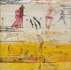 Horizonte III by Cornelia Schleime, Öl, Lack, Gouache, Tusche, Tintenstift u.a. auf Japan auf Leinwand, sold Jun 2007