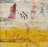 Cornelia Schleime, Horizonte III, Öl, Lack, Gouache, Tusche, Tintenstift u.a. auf Japan auf Leinwand