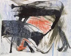 Gérard Ernest Schneider, Ohne Titel (Composition abstraite), Tusche und Farbkreide auf weißem Zeichenpapier mit perforiertem unteren Rand