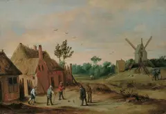 Thomas van Apshoven, DORFLANDSCHAFT MIT KOLFSPIELENDEN BAUERN., Öl auf Holz (parkettiert)