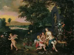 Jan Brueghel the Younger, FLORA MIT PUTTEN IN EINER PARKLANDSCHAFT., Öl auf Kupfer