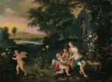 Jan Brueghel the Younger, FLORA MIT PUTTEN IN EINER PARKLANDSCHAFT.