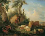 French School, LANDSCHAFT MIT WEIDENDEN SCHAFEN UND SCHLAFENDEM HIRTEN, DER VON EINEM ALS HIRTEN VERKLEIDETEN WOLF BEOBACHTET WIRD., Öl auf Leinwand