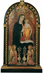 Rossello di Jacopo Franchi, THRONENDE MADONNA VON ENGELN UMGEBEN, Tempera auf Holz, oben rund abgeschlossen, H