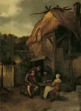 Egbert van Heemskerck the Elder, DREI BAUERN UND EINE FRAU VOR EINEM HAUS SITZEND., Öl auf Leinwand (doubliert)