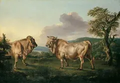 Umkreis Jacob Philipp Hackert, WEITE SÜDLICHE LANDSCHAFT MIT ZWEI BULLEN., Öl auf Leinwand