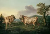 Umkreis Jacob Philipp Hackert, WEITE SÜDLICHE LANDSCHAFT MIT ZWEI BULLEN., Öl auf Leinwand
