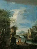 SÜDLICHE FLUSSLANDSCHAFT MIT RÖMISCHEN RUINEN. by Italian School, Öl auf Leinwand, sold May 2007