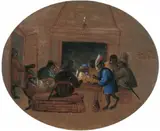 zugeschrieben Ferdinand van Kessel, WIRTSHAUSSZENE MIT AFFEN UND EINER ROBBE (?) UM EINEN TISCH., Öl auf Holz