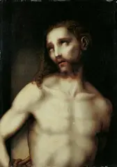 in der Art Luis de Morales, CHRISTUS AN DER GEISSELSÄULE., Öl auf Holz