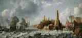Bonaventura Peeters, SPANISCHE KRIEGSSCHIFFE VOR EINER MITTELMEERFESTUNG., Öl auf Leinwand