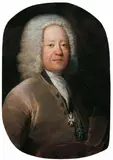 Antoine Pesne, BILDNIS DES FREIHERRN HEINRICH CHRISTIAN VON ENDE, GESCHMÜCKT MIT DEM JOHANNITERORDEN UND DEM ORDEN POUR LA GENÉROSITÉ., Öl auf Leinwand, auf Spanplatte aufgezogen