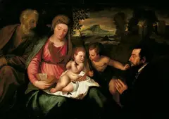 Tiziano Vecellio, gen. Tizian, Werkstatt, MADONNA MIT KIND, JOSEPH, HL. JOHANNES UND STIFTER., Öl auf Leinwand