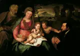 MADONNA MIT KIND, JOSEPH, HL. JOHANNES UND STIFTER. by Tiziano Vecellio, gen. Tizian, Werkstatt, Öl auf Leinwand, sold May 2007