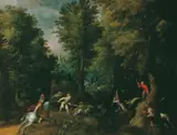 zugeschrieben Frederik van Valckenborch, WALDLANDSCHAFT MIT EBERJAGD., Öl auf Leinwand