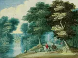 Flemish School, BEWALDETE LANDSCHAFT MIT REITERN UND EINEM ANGLER., Öl auf Kupfer
