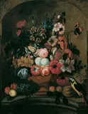 Gaspar Peeter Verbruggen the Elder, BLUMEN-UND FRÜCHTESTILLEBEN MIT PAPAGEI., Öl auf Leinwand (doubliert)