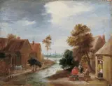 Flemish School, DORFSTRASSE MIT KARTENSPIELENDEN BAUERN VOR DEM WIRTSHAUS., Öl auf Holz