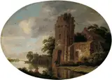 FLUSSLANDSCHAFT MIT RUINE AM WASSER UND ANGLER. by Roelof Jansz van Vries, Öl auf Holz, sold May 2007