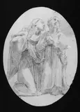 zugeschrieben Simone Cantarini, ZWEI WEIBLICHE FIGUREN IN ANBETENDER HALTUNG, Rötel, weiß gehöht auf Papier, alt aufgezogen; im Hochoval ausgeschnitten; kleine Fehlstellen