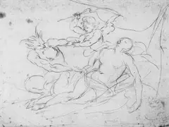 AMOR EINE SCHLAFENDE NYMPHE GEGEN EINEN LÜSTERNEN SATYR VERTEIDIGEND. by Umkreis Annibale Carracci, Rötel auf Papier, sold May 2007