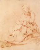 SITZENDE MUTTER MIT KIND. by zugeschrieben Jean-Baptiste Simeon Chardin, Rötel auf sehr feinem, geripptem Papier (unter Glas gerahmt), sold May 2007