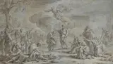 French School, DIE TAUFE CHRISTI IM JORDAN., Feder in Schwarz-Braun, laviert, weiß gehöht auf blau-grauem Tonpapier