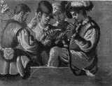 DREI MUSIKANTEN UND EINE FRAU by Maestro di San Miniato Florentiner Meister, Pinsel in grau-schwarz, weiß gehöht auf rotbraun grundiertem Papier; alt montiert, sold May 2007