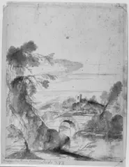 called Lorrain Claude Gellée, LANDSCHAFT MIT RUINE UND BRÜCKE, Pinsel in rötlich Braun und schwarze Kreide, alt aufgezogen