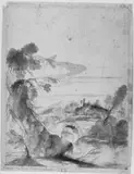 called Lorrain Claude Gellée, LANDSCHAFT MIT RUINE UND BRÜCKE, Pinsel in rötlich Braun und schwarze Kreide, alt aufgezogen