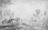 zugeschrieben Jean-Baptiste Oudry, GROSSE JAGDGESELLSCHAFT BEIM ÜBERQUEREN EINES FLUSSES., Schwarze Kreide, grau laviert, auf Papier