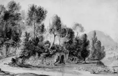 Herman van Swanevelt, BEWALDETE LANDSCHAFT MIT SCHÄFERN, Feder in Baun und Grau, laviert, auf geripptem Papier