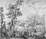 LANDDSCHAFT MIT DIANA UND NYMPHEN by Umkreis Claude-Joseph Vernet, Graphit und Kreide auf geripptem Papier; alt montiert, an den Rändern Risse, Knickfalte, sold May 2007