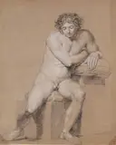 Philipp Otto Runge, MÄNNLICHER AKT VON VORN, SITZEND, SICH AUF KISSEN LEHNEND.