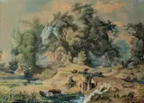 Johann Moritz Rugendas, SÜDAMERIKANISCHE LANDSCHAFT MIT RINDERN AN DER TRÄNKE., Aquarell und Gouache auf Papier (unter Glas gerahmt)