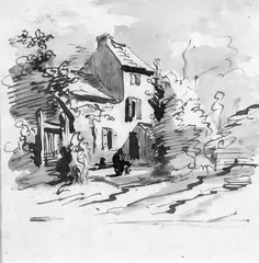 Jules Achille Noël, HAUS ZWISCHEN BÄUMEN., Feder und Pinsel in Braun, laviert, auf Papier (unter Glas gerahmt)