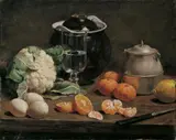 French School, KÜCHENSTILLEBEN MIT OBST, GEMÜSE UND EIERN., Öl auf Leinwand