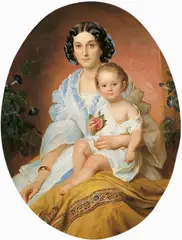 Franz Joseph Dobyaschofsky, BILDNIS EINER JUNGEN DAME MIT IHREM KIND., Öl auf Leinwand