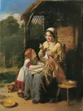 MUTTER UND TOCHTER BEI DER HANDARBEIT VOR EINEM GARTENHAUS. by English School, Öl auf Leinwand, sold May 2007