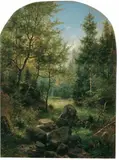 Eduard Leonhardi, BEWALDETE MITTELGEBIRGSLANDSCHAFT, vermutlich in der sächsischen Schweiz., Öl auf Holz