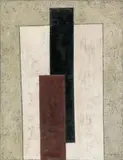 William Gear, Double vertikal on white, Öl auf Leinwand, partiell gekratzt