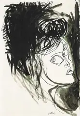 Renato Guttuso, Ohne Titel (Mädchenkopf), Acryl, Tusche und Aquarell auf Karton mit rechtem unregelmäßig verlaufenden Rand