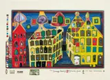 Mit der Liebe warten tut weh, wenn die Liebe woanders ist by Friedensreich Hundertwasser, Farbserigraphie mit Metallprägung auf Schoeller Karton, sold Dec 2006