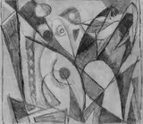 Ernst Wilhelm Nay, Ohne Titel (Sitzende), Bleistift auf dünnem Papier mit unregelmäßig geschnittenen Rändern