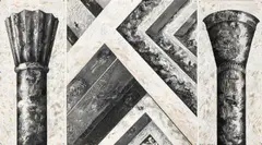 Marcel Odenbach, Blick nicht zu tief hinein, 3-teilige Papiercollage: Acryl, Gouache und Graphit auf mit altem Illustriertenpapier collagiertem beigen Zeichenpapier, 3 Blätter bzw. 6 Blätter jeweils aneinander montiert
