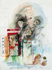 Dieter Roth, Ohne Titel, Aquarell mit Malkasten, Kunststoffverpackung, Farbtöpfchen u.a. collagiert auf chamoisfarbenem festen Velin