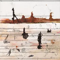 Cornelia Schleime, Horizonte I, Öl, Lack, Gouache, Tusche, Tintenstift u.a. auf Papier collagiert auf Leinwand